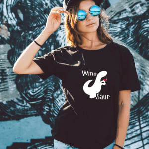Woman wearing a black graphic winosaur tee