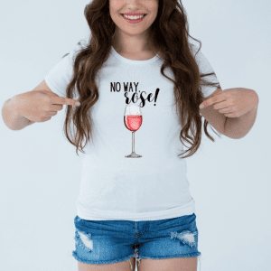 Brunette female wearing a white no way rose tshirt