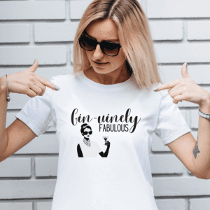 female wearing a Gin-uienly fabulous graphic tee