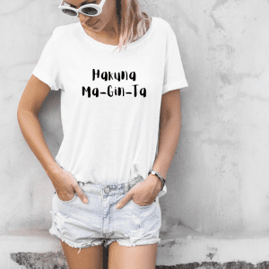 female wearing a hakuna ma gin ta graphic tee