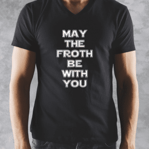 male wearing a black graphic tee may the froth be