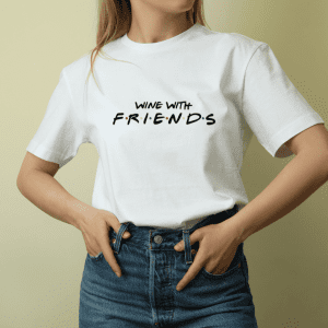 female wearing a white wine with friend tee