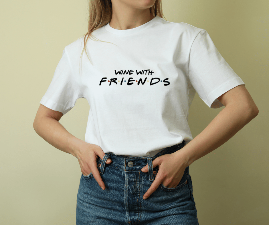 female wearing a white wine with friend tee
