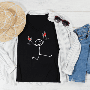 black tee displayed with a stickman running holding two wine glasses