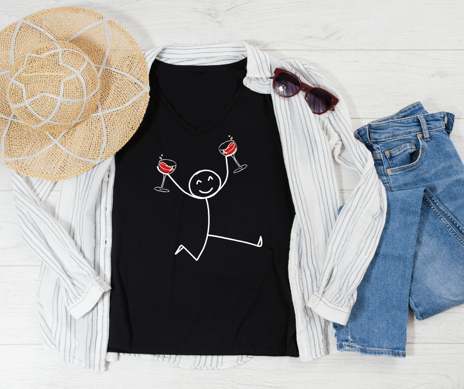 black tee displayed with a stickman running holding two wine glasses