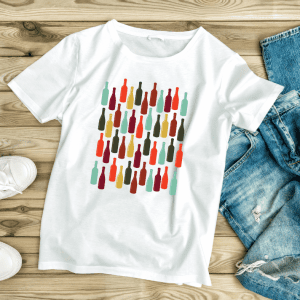 white shirt displayed with colourful wine bottles displayed