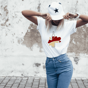 Female wearing an abstract bottle of wine graphic