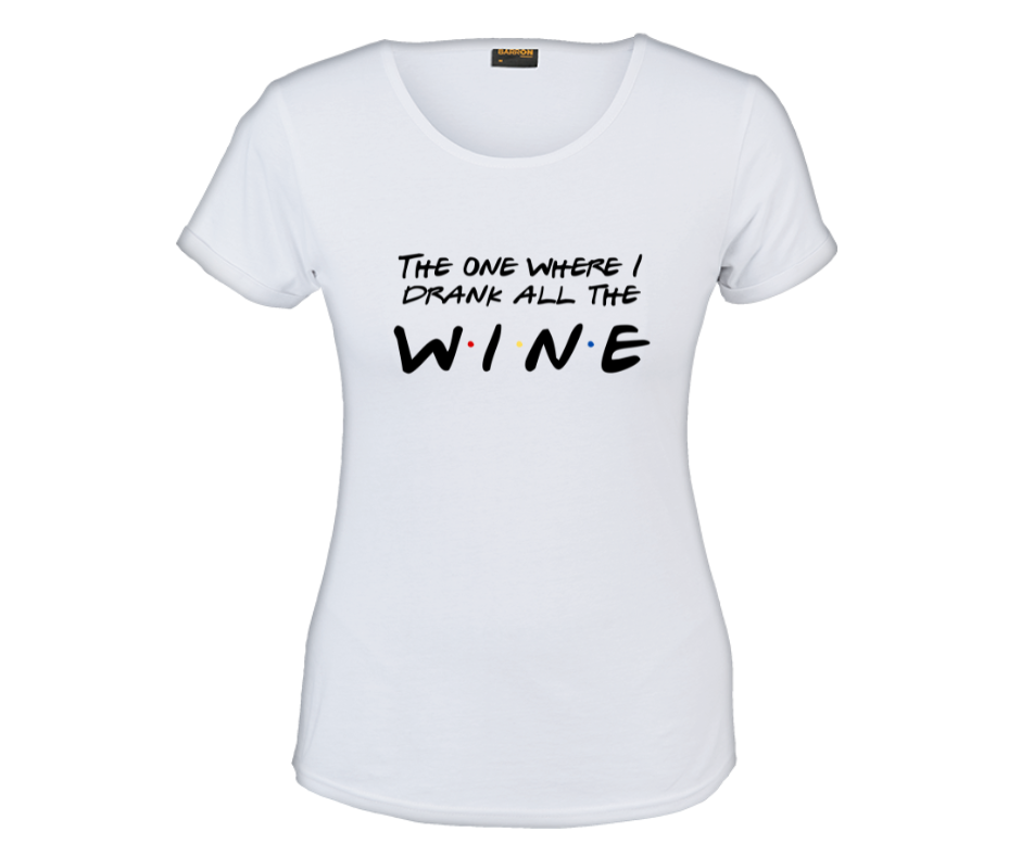 white ladies tshirt with the graphic the one where i drank all the wine