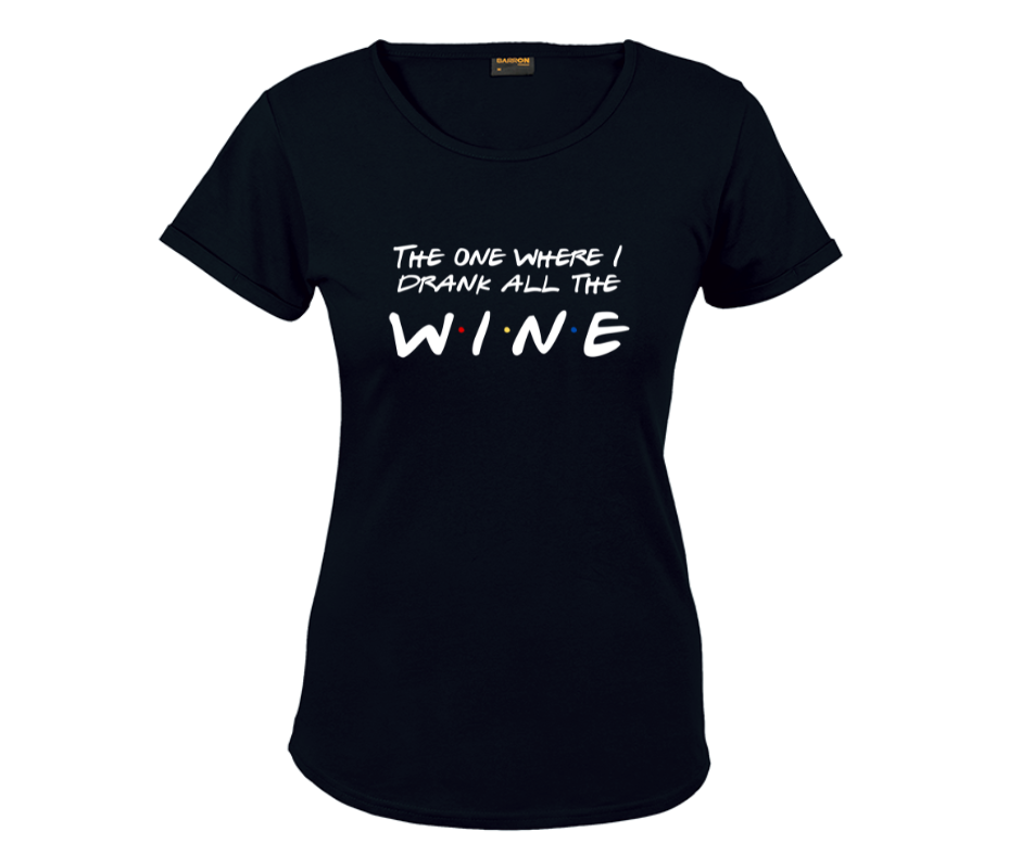 black ladies tshirt with the graphic the one where i drank all the wine