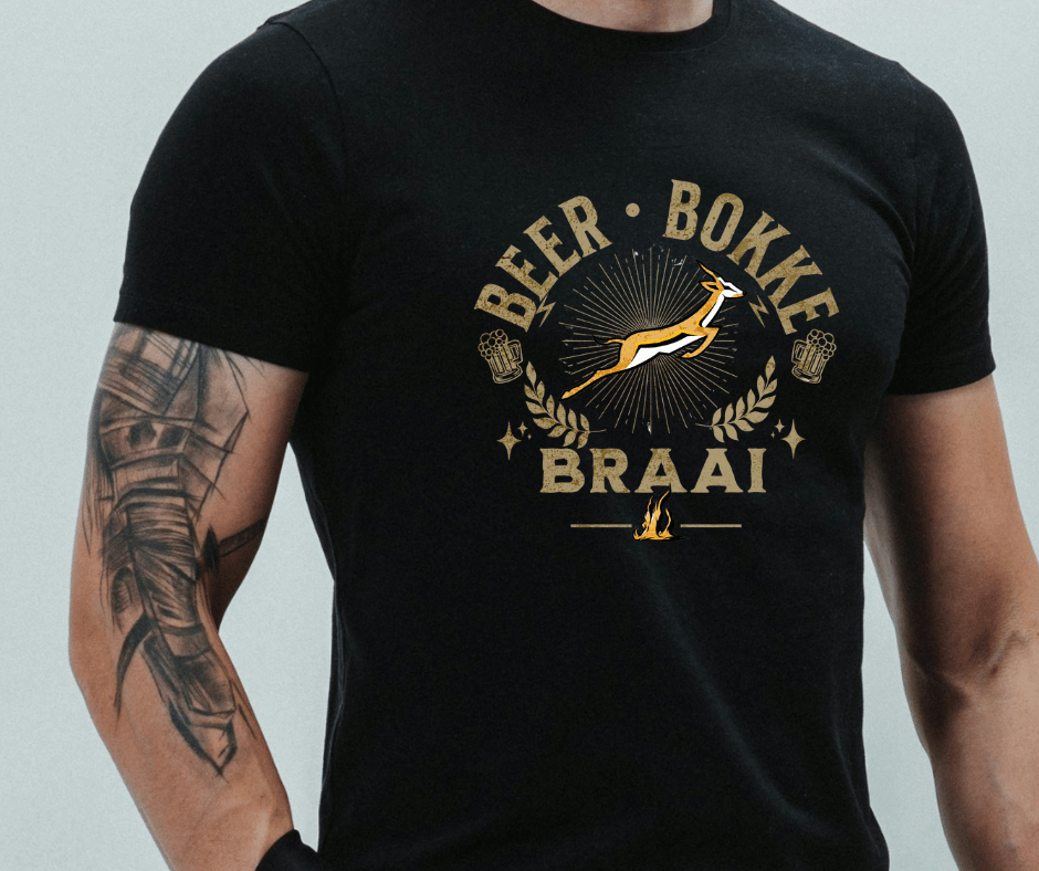 Man wearing a beer bokke braai graphic tee