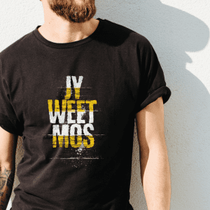 Man wearing a jy weet mos graphic tee