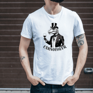 male wearing a white t-shirt with a dinosaur sipping wine wearing a top hat