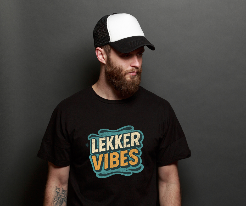 male wearing a black lekker vibes graphic tee unisex