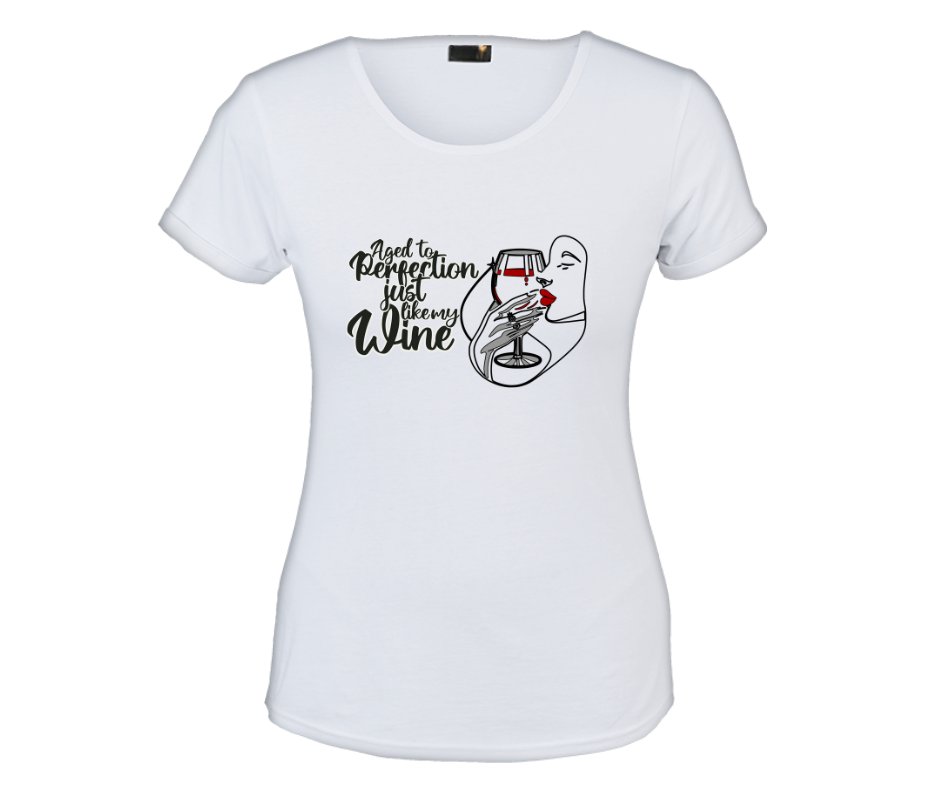 Black t-shirt on displayed on a wooden background with the graphic aged to perfection just like my wine white ladies