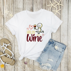 White shirt displayed with grpahic hello wine