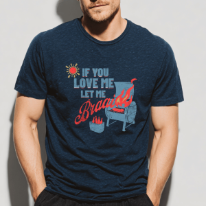 male wearing a navy blue graphic if you love me let me braai tshirt