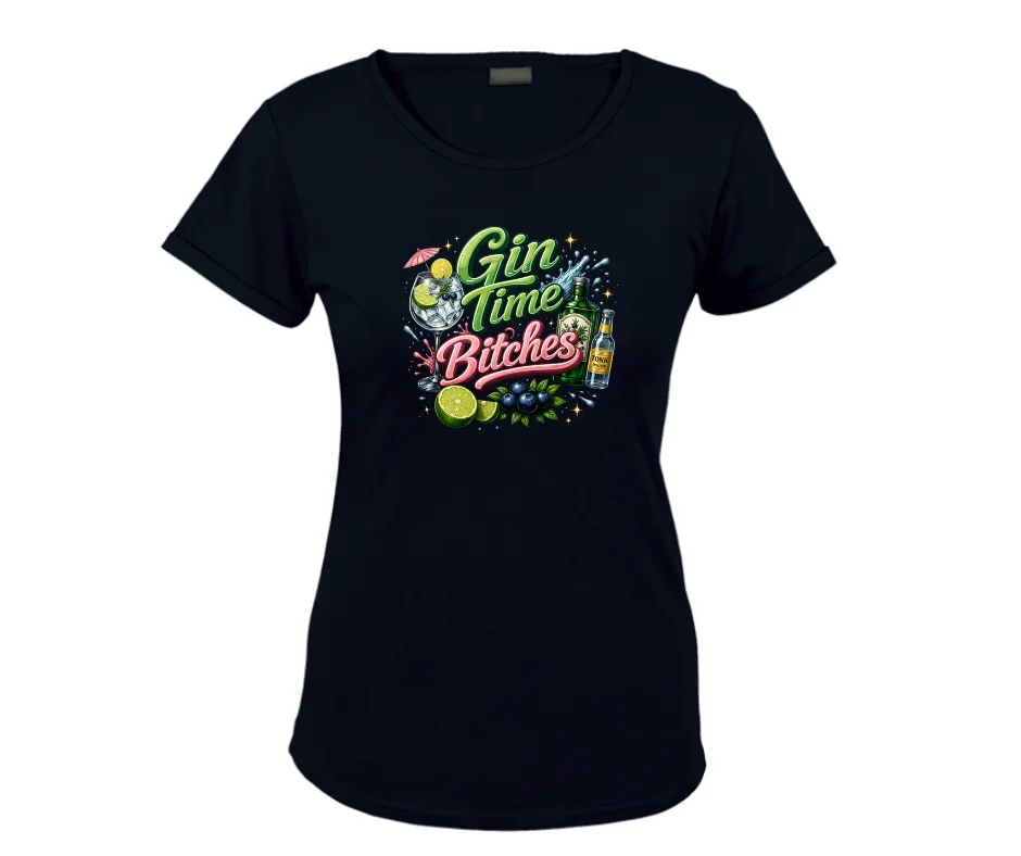 Wine-Ot Gin Time Bitches | Gin Themed Tee | Gin T-Shirts Black Ladies