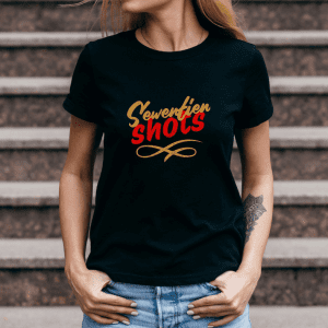 female wearing a black Sewentien shots grpahic tee