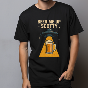 man wearing graphic beer shirt beer me up scotty