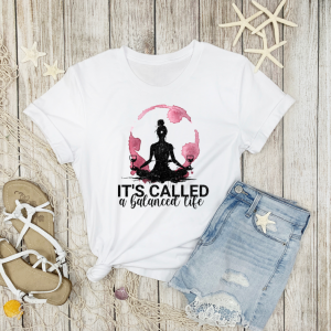 White blanace life graphic tee with silhouette yoga pose balancing wine glasses displayed