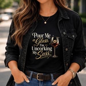 wine-Ot pour me a glass I am uncorking my sass Tee | Wine Tee | Wine theme t-shirt