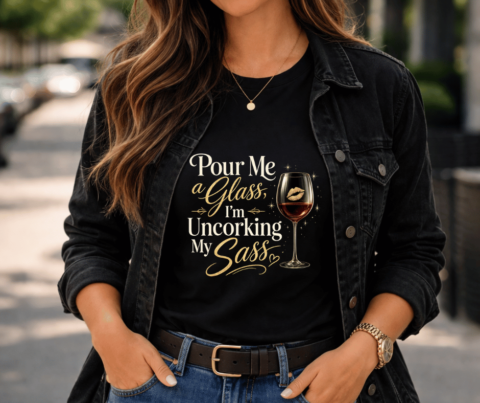 wine-Ot pour me a glass I am uncorking my sass Tee | Wine Tee | Wine theme t-shirt