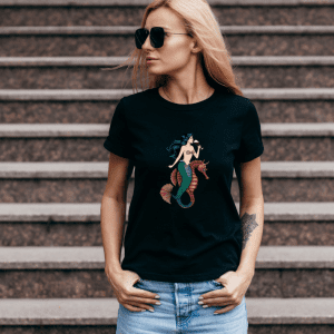 Females wearing a black meraid riding a seahorse drinking a glass of wine tee