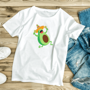 whaite graphic tee with a dancing avo