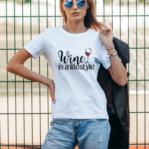 female wearing a graphic wine is my lifestyle tee