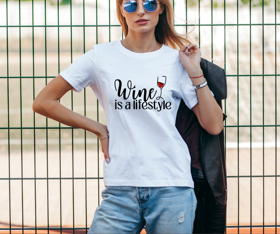 female wearing a graphic wine is my lifestyle tee
