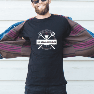 Male wearing a graphic my braai my rules tee