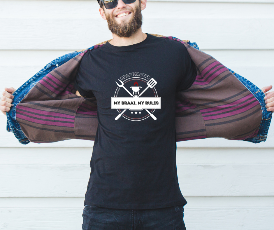 Male wearing a graphic my braai my rules tee