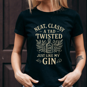 female wearing a graphic gin tee