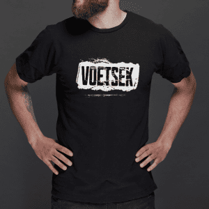 Male wearing a graphic south african voetsek tee in black