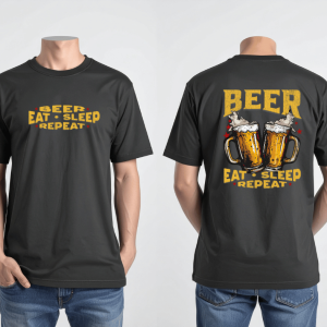 front and back of black graphic tee beer eat sleep repeat