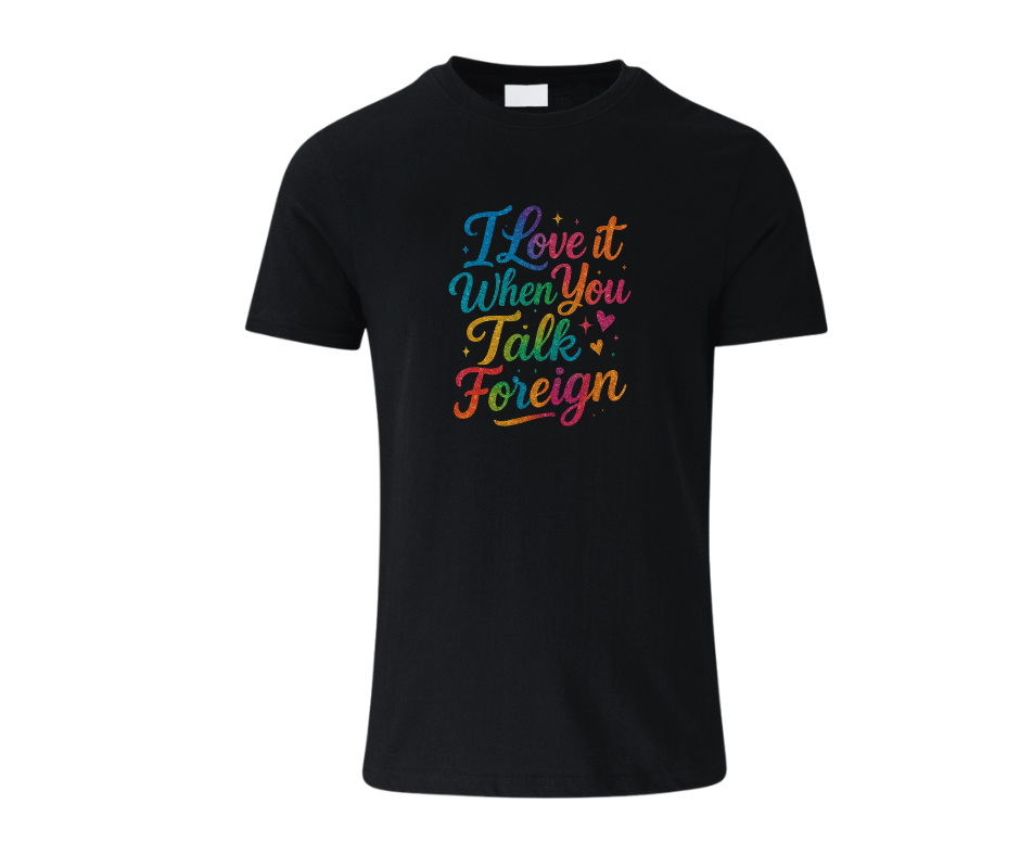 Female wearing a rainbow glitter graphic tee unisex