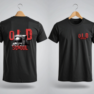 black graphic old school tee displayed front and back