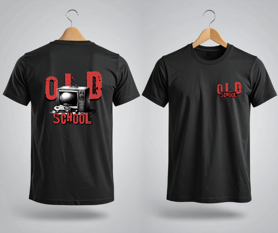 black graphic old school tee displayed front and back