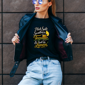 female wearing a graphic tequila shirt