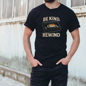 black mens tee with retro vhs tape