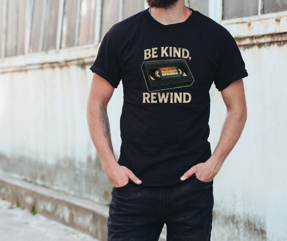 black mens tee with retro vhs tape