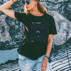 female wearing black pacman tee