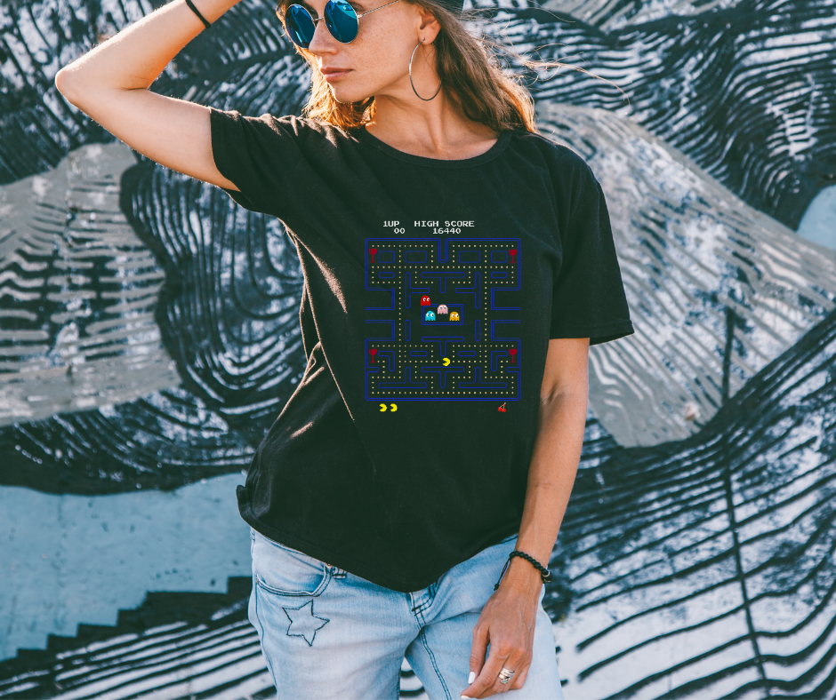 female wearing black pacman tee