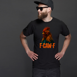 Man wearing a graphic tee with a chicken and graphic text