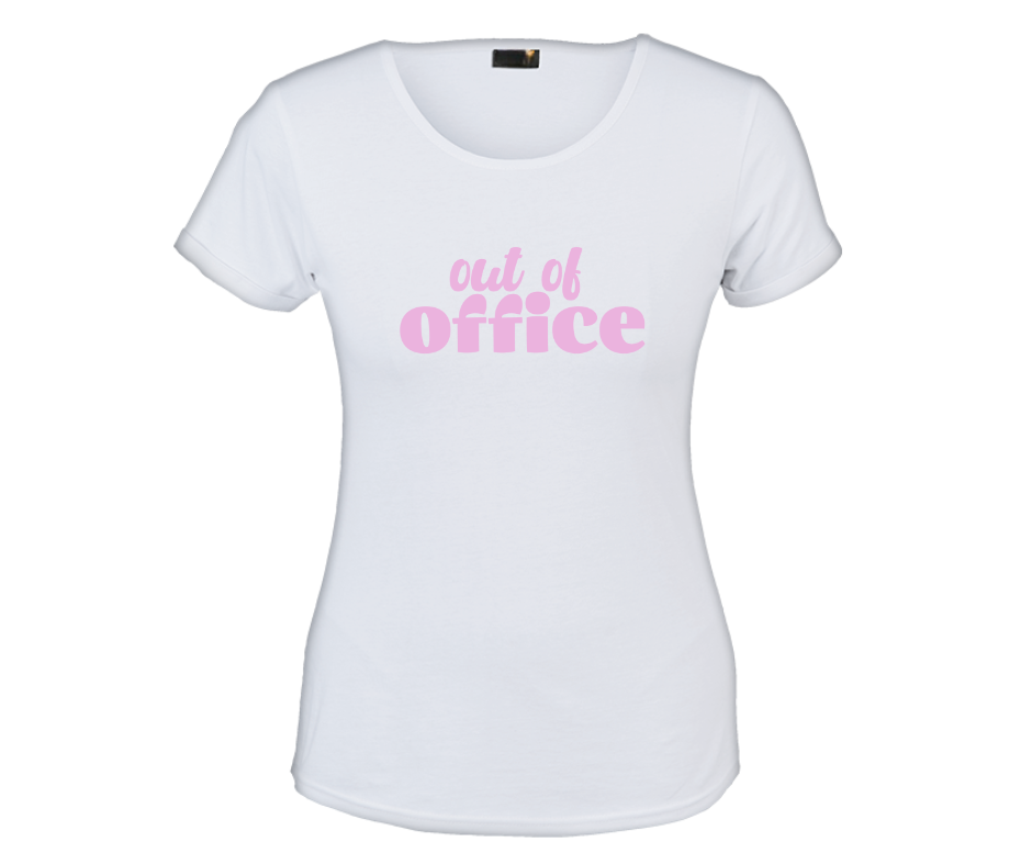 white shirt with pink out of office text