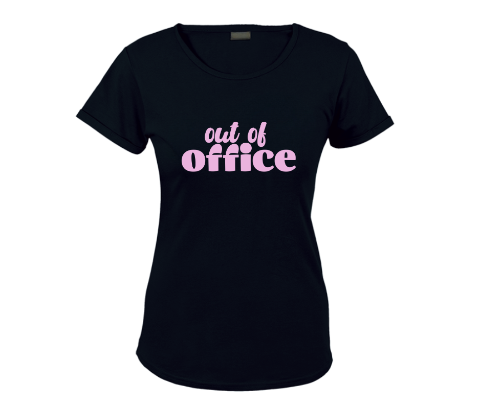 black shirt with pink out of office text