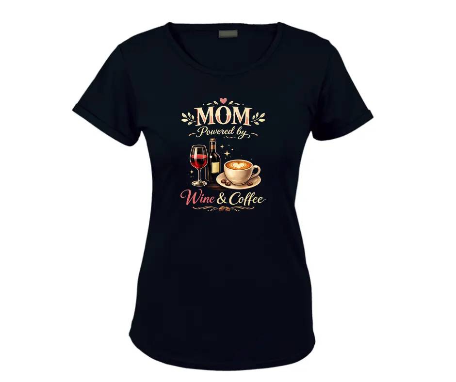 Wine-Ot Mom Powered by Wine & Coffee T-Shirt | Mom's Tee | Mothersday T-Shirt Ladies